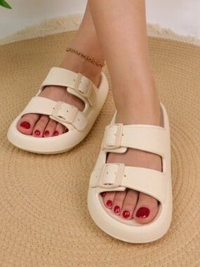 Women's Cream Double-Buckle Slip-On Sandals